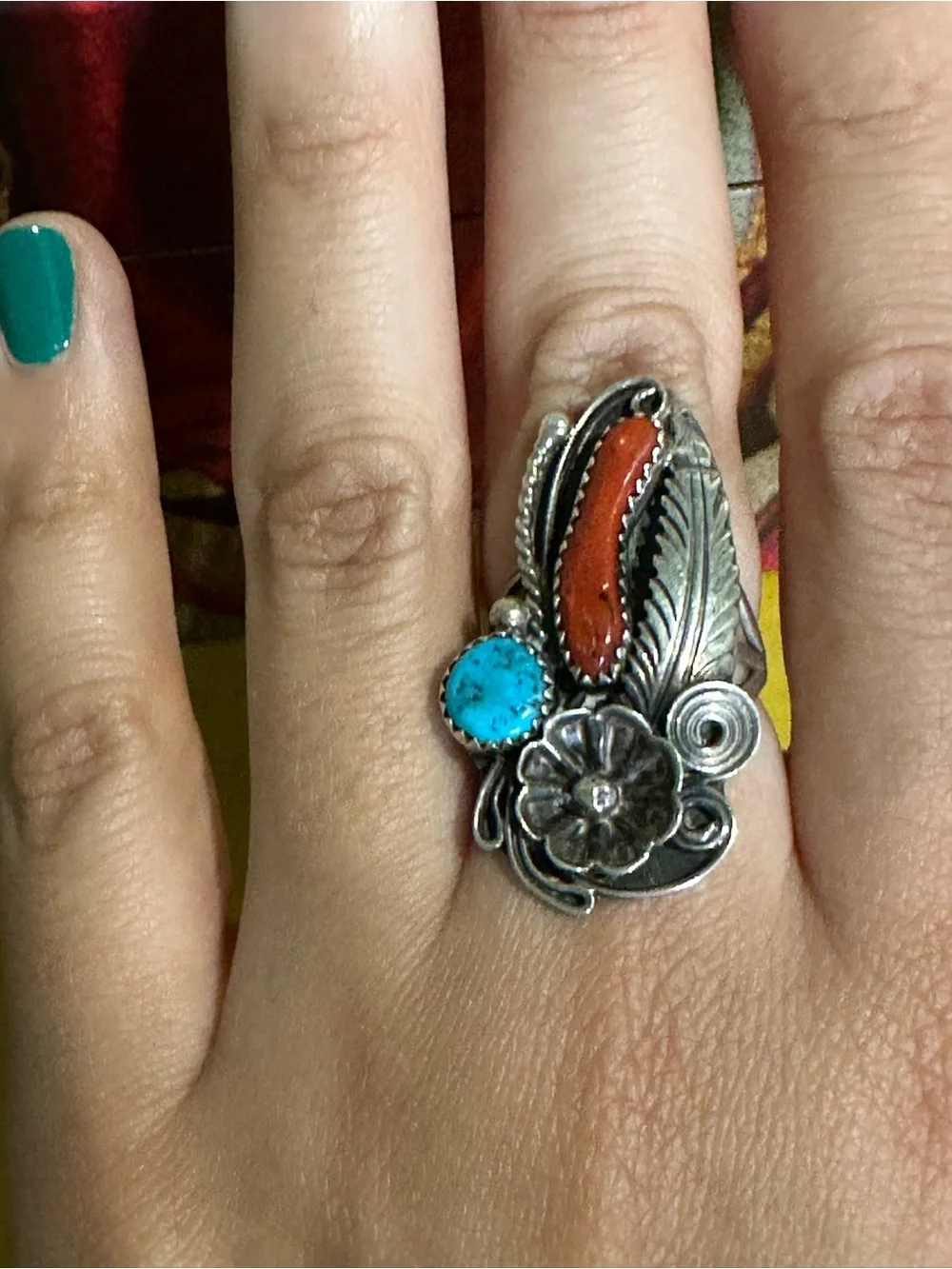Vintage Blue Turquoise and Red Coral Ring, Native, Southwestern, Boho